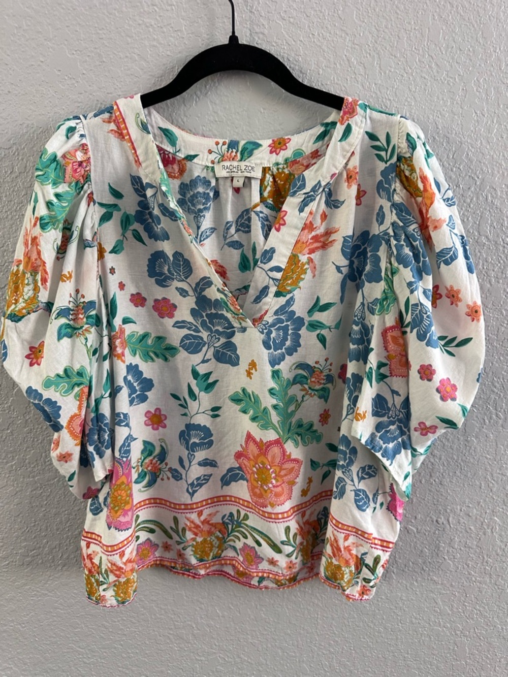 Rachel Zoe Linen Blend Floral Puff Sleeve Blouse Women’s Large Cottagecore Boho
